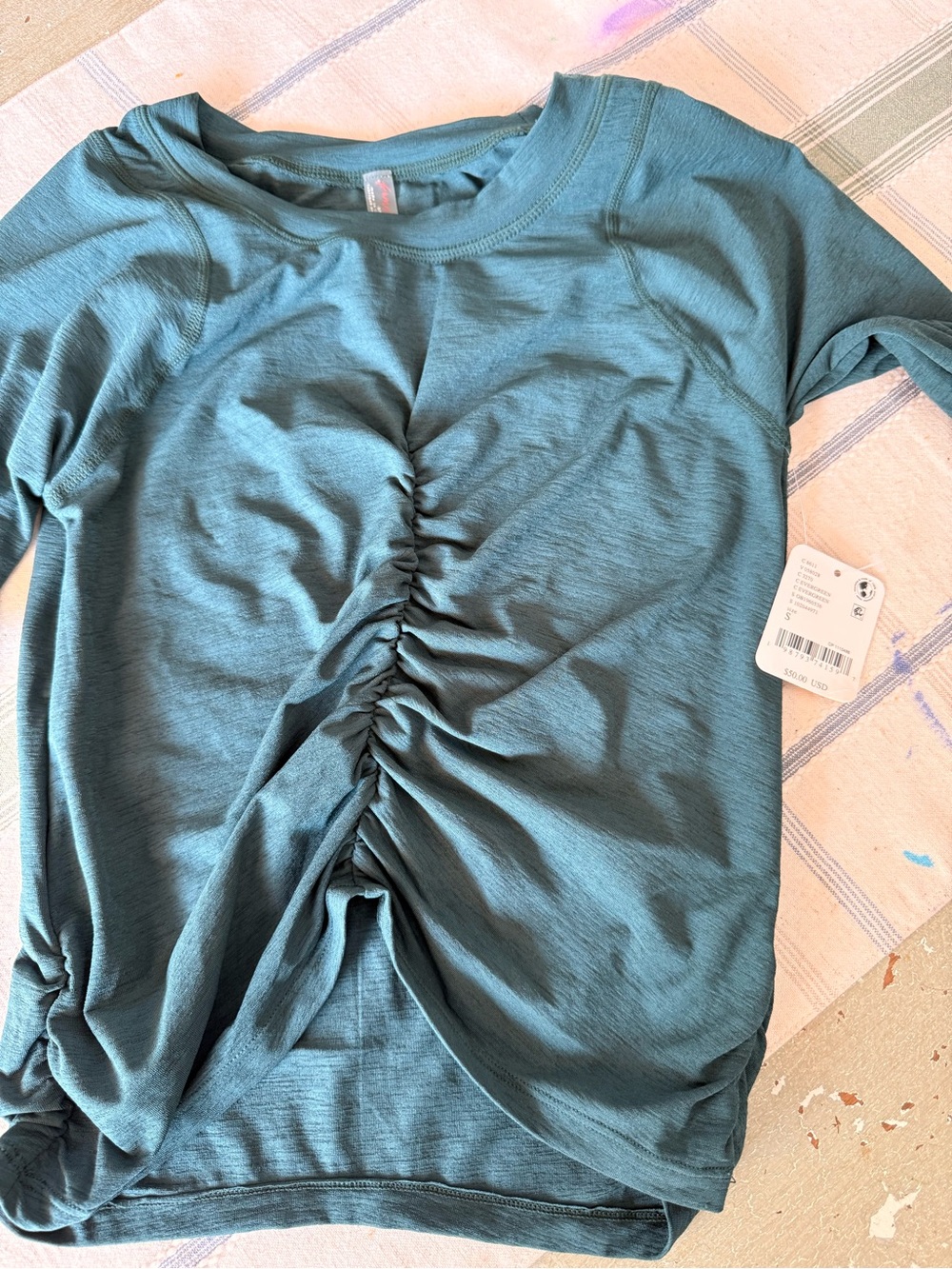 Free People Ruched Front Long Sleeve Top - Teal Green